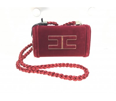 Elisabetta Franchi borsa a tracolla colore rosso , in tela velluto , chiusura a scatto , log centrale tracolla in cordino , 110 cm ,fodera in tessuto interna, misura 17x10