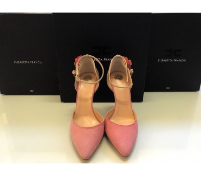 Elisabetta Franchi scarpe Décolleté  colore rosa in vera pelle  scamosciata tacco 10.5 Cm log su a fiore su tomaia in ottone rosso misura 40