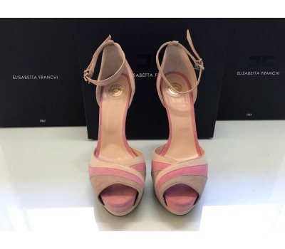 Elisabetta Franchi sandali a plateau colore rosa è beige in vera pelle scamosciata tacco 15 cm  chiusura a fibbia misura 40