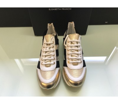 Elisabetta Franchi sneakers colore bianco nero e oro e log su tomaia punta rotonda, tomaia a treccia misura 40