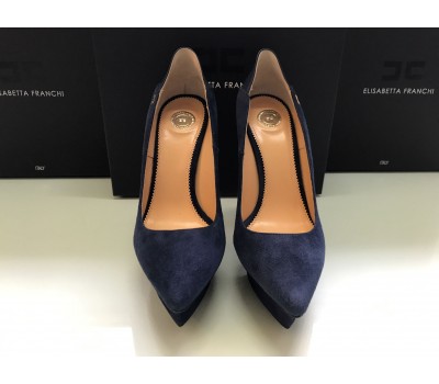 Elisabetta Franchi scarpe  Décolleté colore blu in vera pelle scamosciata e tacco 13,cm log su tomaia in ottone misura 39