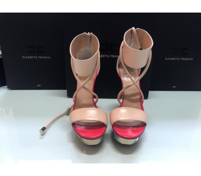 Elisabetta Franchi sandali donna in vera pelle colore beige e rosso allacciatura alla caviglia con zip e filo cuoio tacco 13,5 cm misura 39 cm