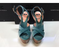 Elisabetta Franchi green platform sandals, velvet and leather fabric, 15 cm heel, log leather sole, size 37/38/38.5