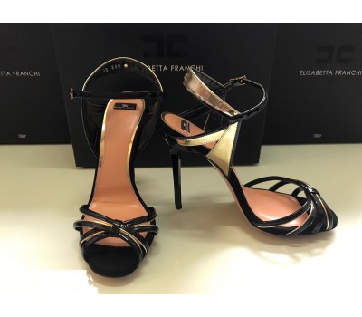 Elisabetta Franchi sandali in vera pelle colore nero foglia oro tacco decorato silhouette 13 cm suola vero cuoio misura 38 Elisabetta Franchi sandali in vera pelle colore nero foglia oro tacco decorato silhouette 13 cm suola vero cuoio misura 38