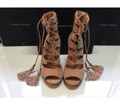 Elisabetta Franchi sandali in vera pelle scamosciata colore marrone tomaia allacciata taco 11 cm misura suola in vero cuoio 36 Elisabetta Franchi sandali in vera pelle scamosciata colore marrone tomaia allacciata taco 11 cm misura suola in vero cuoio 36