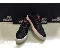 Love Moschino men's sneakers genuine leather texture color black  logo on upper rubber sole size 44