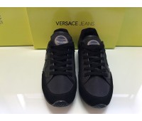 VERSACE JEANS MEN'S SNEAKERS GENUINE SUEDE LEATHER AND CANVAS LOGO ON UPPER BLACK RUBBER SOLE BLACK  SIZE 40