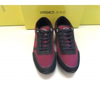 VERSACE JEANS MEN'S SNEAKERS GENUINE SUEDE LEATHER AND CANVAS LOGO ON UPPER BLACK RUBBER SOLE BI COLOR BLACK POMEGRANATE  SIZE 42 43