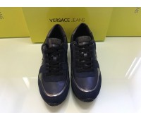 VERSACE JEANS MEN'S SNEAKERS GENUINE SUEDE LEATHER AND CANVAS LOGO ON UPPER BLACK RUBBER SOLE COLOR DARK BLU SIZE 43