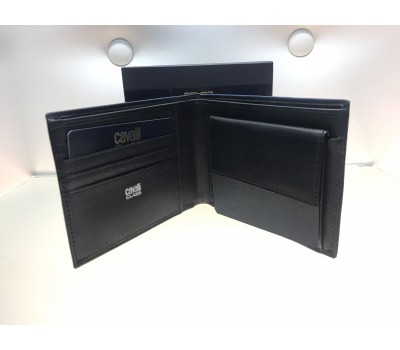 Roberto Cavalli portafoglio uomo, in vera, color nero, completo di porta moneto, porta carta di credito, doppio scomparto, banconote, misura 12х9,5