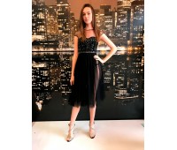 Elisabetta franchi long black dress finished in sequins and tulle fabric size 40