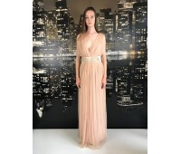 Elisabetta Franchi abito donna lungo, tessuto in tulle con particolare cintura con ricamo e inserti in ottone . perfetto per serata speciale colore beige misura 44