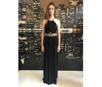 Elisabetta franchi long low-cut dress in black, with particular body and brass belt, chain around the neck. suitable for special evening size 42/44