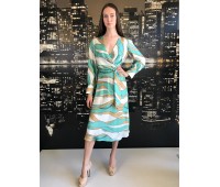Elisabetta franchi knee-length dress in tiffany color Cammell Print V-neck patterned scarf and sash and golden buckle. in 100% pure silk cut 42/44/46
