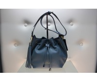 lui jo bag with shoulder strap, blue color, center log and decoration, drawstring closure, 110 cm fabric lined shoulder strap, size 26x30