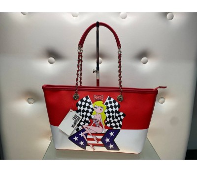 love Moschino borsa a tracolla catena colore rosso e bianco chiusura a zip fodera in tessuto interna con tasca log centrale misura 42x46