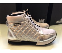 love Moschino scarpe sneakers donna  in vera pelle e tela colore bianco argento misura 40 /41